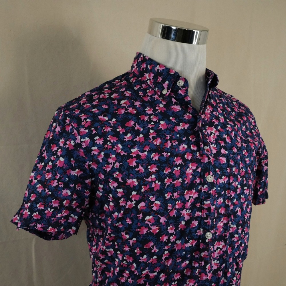 Bonobos Medium Tailored Fit Shirt Navy Pink Floral Short Sleeve Cotton Mens